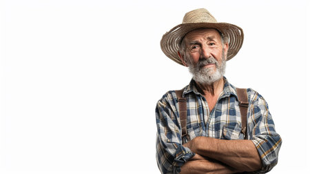 Handsome senior farmer with hat and plaid shirt on white backgroundの素材