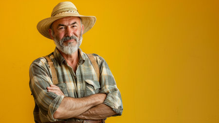 Portrait of a senior man with hat and plaid shirt on yellow backgroundの素材