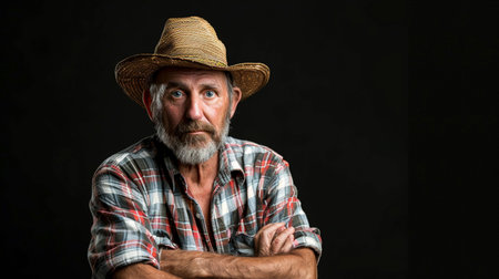 Portrait of a senior man with hat and plaid shirt on black backgroundの素材