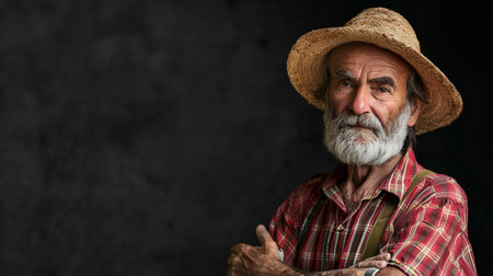 Portrait of a senior farmer standing against black background with copy spaceの素材