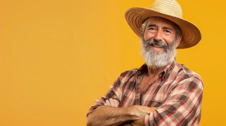 Portrait of a senior farmer with his arms crossed against a yellow backgroundの素材