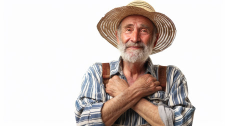 Portrait of a senior man in straw hat. Isolated on white background.の素材