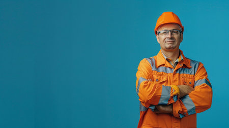 Mature engineer in orange helmet and work overalls on blue backgroundの素材