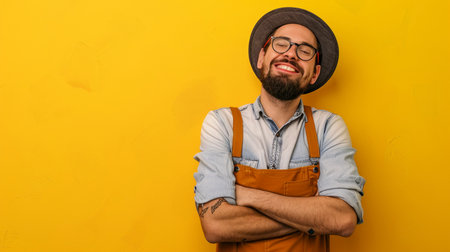 Portrait of a smiling hipster man in hat and overalls on a yellow backgroundの素材