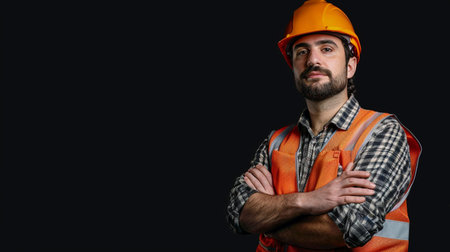 Portrait of a male construction worker with arms crossed on black backgroundの素材