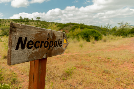 Necropole signpost in the Silves region of the Algarve, Portugal. The fingerpost points the way to Neolithic burial sites found along a walking route in the countryside near Gregorios.の写真素材