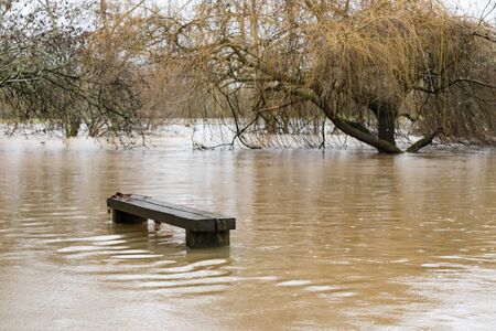 A bench becomes part of the River Mole in Brockham, Surrey, UK, as heavy rain caused flooding in Surrey and Sussex in December 2019. Trees in the background mark where the river bank normally lies.の写真素材