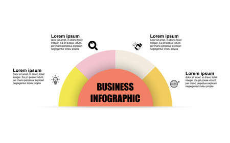 Semicircle infographic template with 4 options. Can be used for workflow layout, diagram, web design, four number options, text areas, and steps. Vector design template infographic for illustration.のイラスト素材