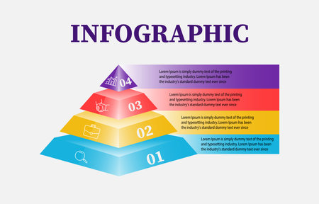 The 4-option 3D pyramid Infographic template that presents four options or steps through a 3D pyramid structure. A fully customizable template is perfect for any business presentation or educational.のイラスト素材