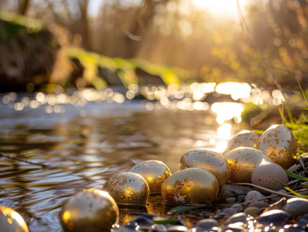 Golden speckled eggs rest on pebbles near a tranquil river, bathed in the warm glow of the setting sun.の素材
