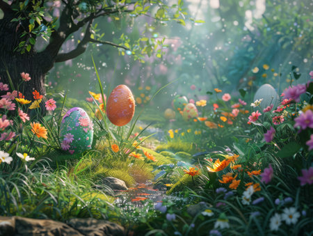 A magical springtime scene in an enchanted garden with colorful Easter eggs among vibrant blooming flowers and soft sunlight.の素材