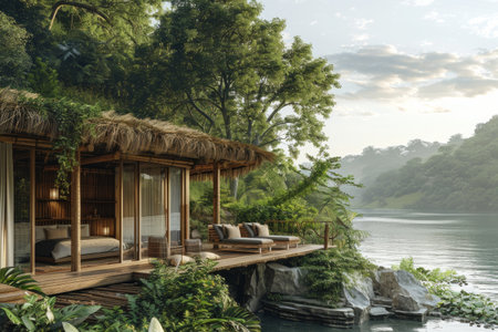 A sustainable jungle lodge with thatched roofs and open-air design merges seamlessly into a lush riverside environment.の素材