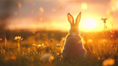 A serene scene capturing a rabbit enjoying the warmth of a golden sunset in a field of flowers, symbolizing peace and tranquility in nature.の素材