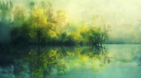 A mystical view of a tranquil lake shrouded in fog with fresh spring foliage reflecting on the calm water surface at dawn.の素材