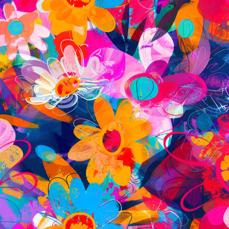A dynamic and colorful abstract painting, bursting with vivid floral patterns and energetic brushstrokes, evoking a sense of joy and creativity.の素材