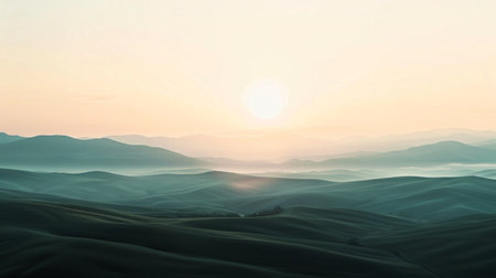 A peaceful sunrise casting a soft glow over the gentle rolling hills, creating a harmonious landscape bathed in the early morning light.の素材