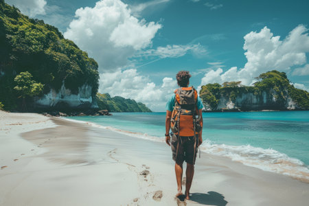 Back view of a lone traveler with a backpack walking along a serene tropical beach with clear blue waters and lush cliffs.の素材