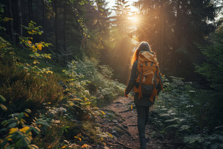 A woman with a backpack hiking along a forest trail, with the sun casting a warm glow through the trees at dawn.の素材