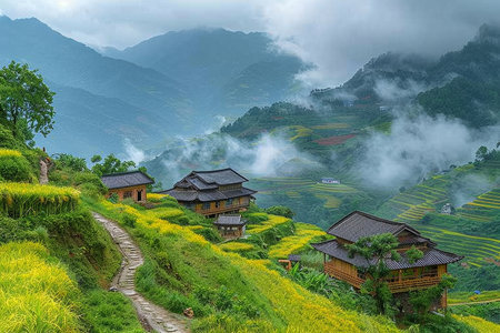 Traditional houses nestled in the lush, mist-covered rice terraces of a mountainous region, creating a serene and picturesque landscape.の素材