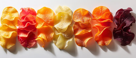 An array of colorful vegetable chips in a rainbow arrangement, casting soft shadows on a clean white background.の素材