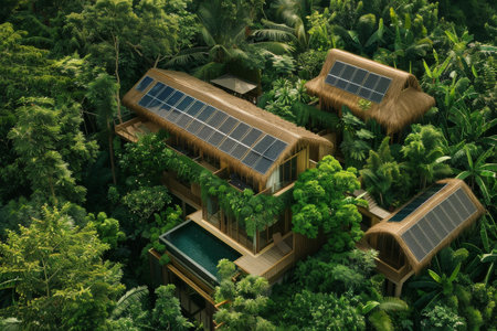 An eco-friendly luxury retreat nestled in the heart of a lush jungle, featuring solar panels for sustainable living and a private pool.の素材