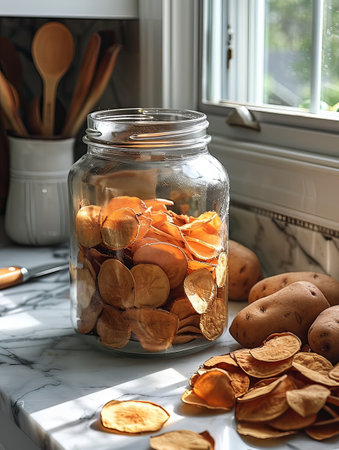 Sunlit kitchen scene showcasing a glass jar filled with crispy homemade sweet potato chips beside fresh sweet potatoes on a marble countertop.の素材