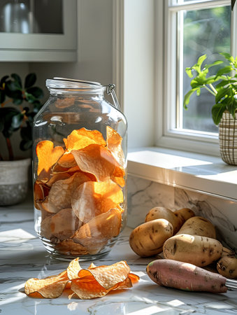 A glass jar filled with crispy homemade potato chips on a sunlit kitchen countertop, with raw potatoes nearby.の素材