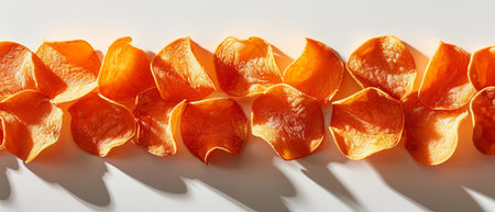 A vibrant display of sweet potato chips arranged neatly in a row, highlighted by the warm natural sunlight casting soft shadows.の素材