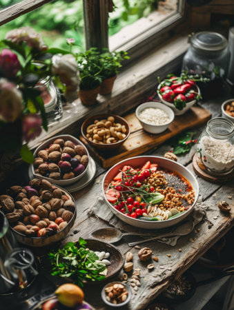A rustic table setting featuring a nutritious plant-based meal with fresh ingredients, nuts, and grains by a bright window.の素材