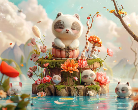 A serene 3D illustration of a floating island where adorable cartoon cats enjoy a peaceful, dreamlike environment among blossoming flowers.の素材