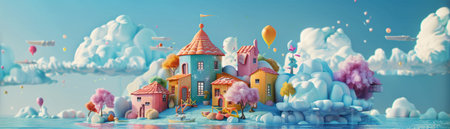 This whimsical 3D illustration showcases a serene, floating island village amidst fluffy clouds, pastel-colored foliage, and vibrant hot air balloons.の素材