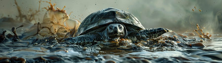 In a race of paradoxes, a tortoise crawls steadfastly, undeterred by the swift currents of timeの素材
