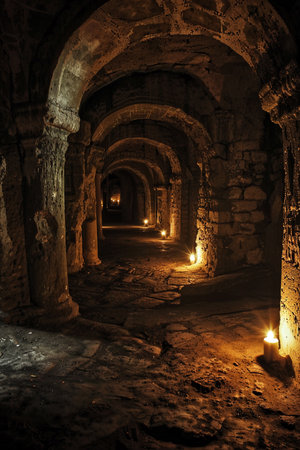 Interior of ancient crypt, candlelit, narrow angle, shadows dance, ancestral whispersの素材