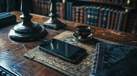 A mockup of an old-fashioned smartphone, where Victorian elegance meets modern functionalityの素材