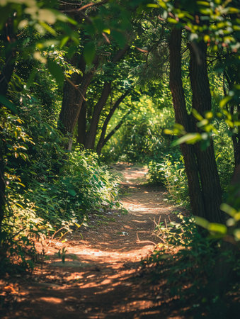 Dim soft sunlight filters through the branches, casting cool shadows on a forest trail, inviting tranquilityの素材