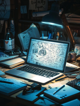 A laptop mockup glows with the potential of new ideas, sketches, and handwritten musings around itの素材