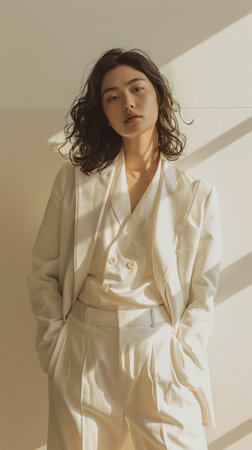 The minimalist model poses against a backdrop of clean lines and functional elegance, the epitome of sleek modernityの素材