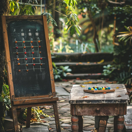 A chalkboard stands outdoors beside a desk, serving as the scoreboard for an inventive board gameの素材