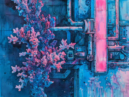 Heirloom coral embedded in a cyberpunk gadget, futuristic lab setting, blue and pink neon lights, close-up, detailed texture, watercolor, hand drawing, vibrantの素材