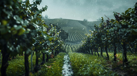 Torrential rains bathe a vineyard, where a visionary plots the course of sustainable viticultureの素材