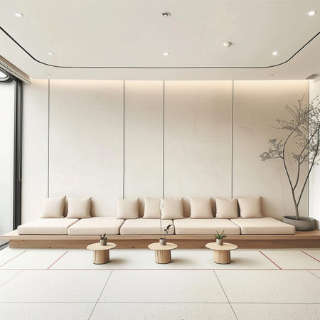 Minimalist office lounge area with low-profile sofas, bare concrete walls, and ambient lighting, creating a serene and functional meeting spaceの素材