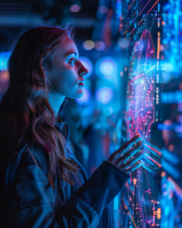 Interactive panel at a futuristic symposium dedicated to the evolution of creative industries, featuring holographic displaysの素材