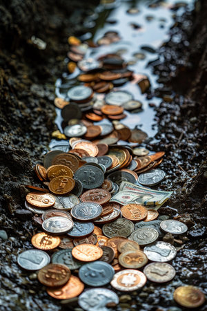 Assorted coins and bills in a water-filled gutter, symbolizing the concept of disappearing financesの素材