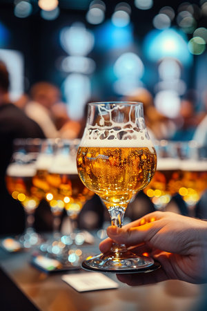 Close-up of an amateur brewer presenting their beer to judges at a competition, highlighting the craftsmanship and enthusiasmの素材