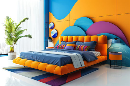 Dynamic bedroom design with eye-catching visuals and modern decor, featuring bold colors and stylish furniture for a vibrant sleeping spaceの素材