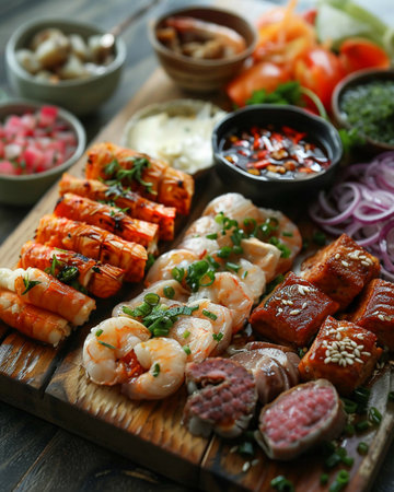 Selection of international delicacies featuring exotic ingredients, arranged artfully on a wooden board, natural lightingの素材