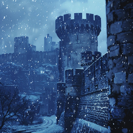 Snow-covered fortress, winter scene, icy fortifications, close up, cool hues, Double exposure silhouette with snowflakesの素材