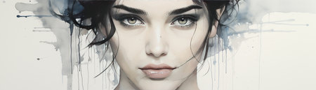 Minimalist portrait with fine lines, flat design, front view, simplistic art theme, water color, monochromatic color schemeの素材