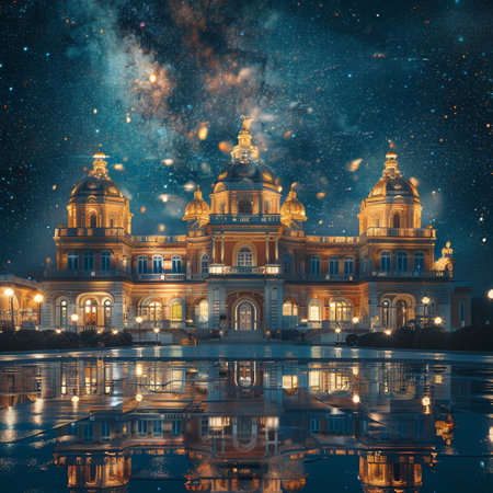 Night view of palace, illuminated facade, starry sky, copy space, bold colors, Double exposure silhouette with night lightsの素材