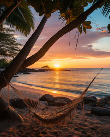 Yoga class on a tropical beach with the sea as a serene backdrop, focus on, relaxation theme, ethereal, manipulation, sunrise backdropの素材